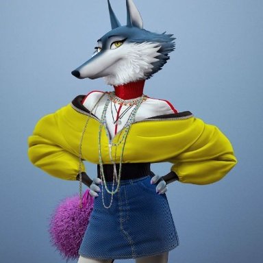 unknown artist, porsha crystal, illumination entertainment, sing (movie), universal studios, canid, canine, canis, mammal, wolf, accessory, black nose, bottomwear, breasts, clothing