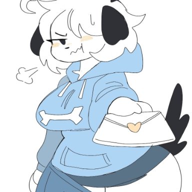 puppychan48, puppychan, canid, canine, canis, domestic dog, mammal, :t, anthro, black ears, black nose, black tail, blue bottomwear, blue clothing, blue hoodie