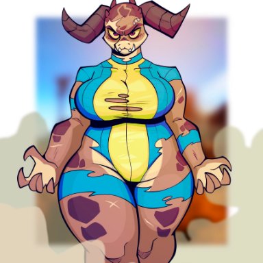 noogatdelight (artist), bethesda softworks, fallout, deathclaw, scalie, big breasts, breasts, clothing, female, slightly chubby, solo, thick thighs, torn clothing, video games, hi res