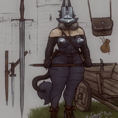 sligarthetiger, dubmare, canid, canine, canis, mammal, wolf, anthro, armor, big breasts, black body, black fur, breasts, castle, chainmail