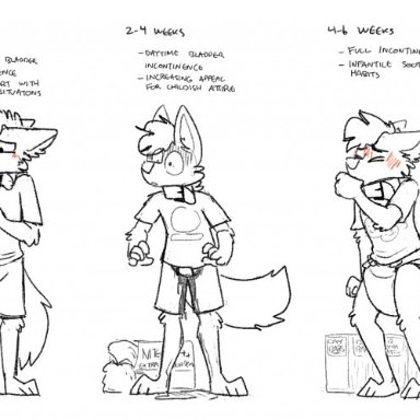 vanillayote, rain (vanillayote), canid, canine, canis, coyote, mammal, anthro, big diaper, blush, bodily fluids, bottomless, bottomwear, clothed, clothing
