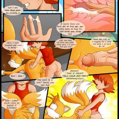 fire conejo, christopher thorndyke, miles prower, sonic the hedgehog, sega, sonic the hedgehog (series), sonic x, canid, canine, fox, human, mammal, anal, anal fingering, bodily fluids
