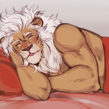 vhkansfweer, clay calloway (sing), illumination entertainment, sing (movie), felid, lion, mammal, pantherine, anthro, bare chest, bed, bed covers, bedding, blep, eyes closed