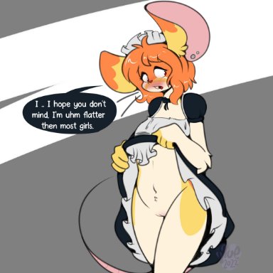 maynara, mammal, mouse, murid, murine, rodent, abstract background, anthro, big ears, blush, buckteeth, cleft of venus, clothed, clothing, clothing lift