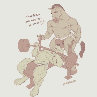 laser (artist), canid, canine, canis, domestic dog, equid, equine, horse, mammal, abs, anthro, barazoku, barbell, biceps, big bulge