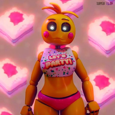 sound warning, super elon, lovetaste chica, toy chica (fnaf), five nights at freddy's, five nights at freddy's 2, scottgames, animatronic, robot, <3, <3 eyes, angry, anthro, bib, blush