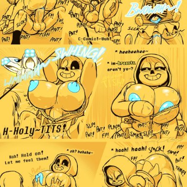 thewill, comic (under(her)tail), gaster blaster, protagonist (undertale), sans (undertale), under(her)tail, undertale, animated skeleton, human, humanoid, mammal, undead, abdominal bulge, alternate universe, big breasts