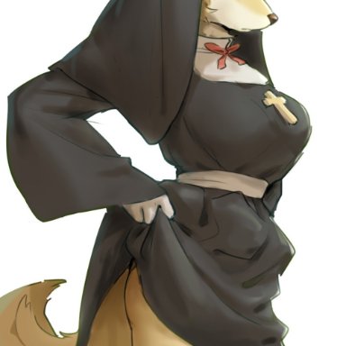 landypommel, canid, canine, canis, domestic dog, mammal, absolute territory, anthro, big breasts, bottomwear, breasts, clothed, clothing, clothing lift, crucifix
