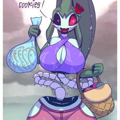 r-mk, olivia (r-mk), nintendo, pokémon, humanoid, mawile, pokémon (species), basket, big breasts, breasts, cleavage, cleavage cutout, clothed, clothing, container