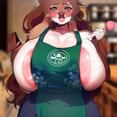 pinklop, bovid, bovine, cattle, mammal, anthro, areola, areola slip, big breasts, biped, blurred background, blush, bodily fluids, breasts, brown eyes