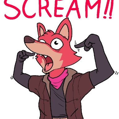 crisis-omega, foxy (fnaf), five nights at freddy's, scottgames, canid, canine, fox, mammal, bandanna, dialogue, exclamation point, fur, kerchief, male, open mouth