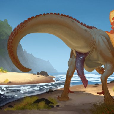 stygimoloch (artist), dtz (cdrr), chip 'n dale rescue rangers, disney, dinosaur, dragon, reptile, scalie, theropod, animal genitalia, beach, cloaca, cloacal penis, coastal, feral