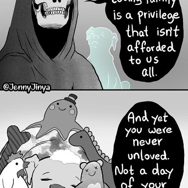 jenny jinya, death (personification), loving reaper, animated skeleton, canid, canine, canis, domestic dog, mammal, undead, ambiguous gender, bone, chew toy, death, dialogue