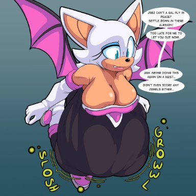 foxynoms, rouge the bat, sega, sonic the hedgehog (series), chiropteran, mammal, annoyed, anthro, belly, big belly, big breasts, blue eyeshadow, bodily fluids, breasts, cleavage