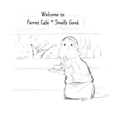 ichigodawashi, domestic ferret, mammal, mustela, mustelid, musteline, true musteline, ambiguous gender, anthro, apron, cafe, chef, chef hat, clothed, clothed feral