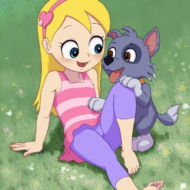 sword (artist), katie (paw patrol), rocky (paw patrol), paw patrol, canid, canine, canis, domestic dog, human, mammal, mixed breed, accessory, arm support, barefoot, blonde hair
