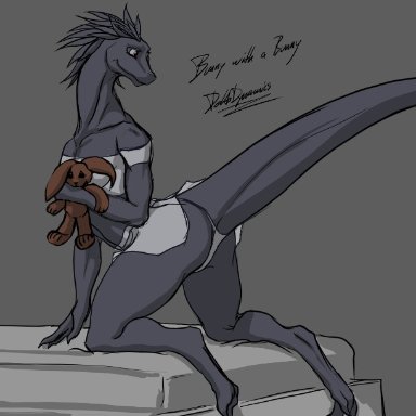 delta.dynamics, bunny (delta.dynamics), dinosaur, dromaeosaurid, feathered dinosaur, reptile, scalie, theropod, anthro, bed, claws, clothing, feathered crest, feathers, female