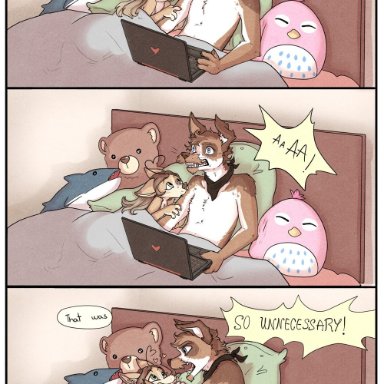 yshanii, canid, canine, canis, domestic dog, mammal, anthro, bed, bite, border, computer, dialogue, duo, furniture, laptop