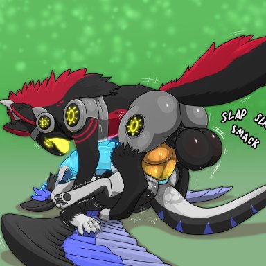 luccatoasty, soleil (itstedda), yehnie, protogen, anal, anthro, duo, hyper, machine, male, male/male, wings, 5:4, hi res