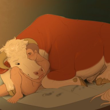 pig (artist), apollo (caldariequine), bovid, bovine, cattle, hereford cattle, human, mammal, after sex, afterglow, animal genitalia, bed, bedroom, bestiality, bodily fluids