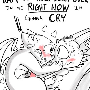 dumderg, mysty (dumderg), dragon, anthro, blush, desperation, erection, genitals, male, penis, size difference, tapering penis, text, english text, hi res