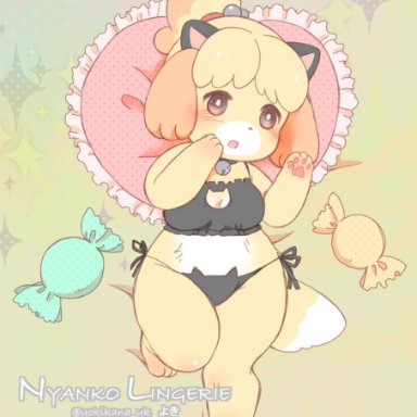 yokikana yk, isabelle (animal crossing), animal crossing, nintendo, canid, canine, canis, domestic dog, mammal, shih tzu, toy dog, 3 toes, 4 fingers, accessory, anthro