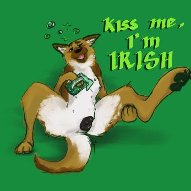 a dusty wolf, st. patrick's day, canid, canine, canis, domestic dog, german shepherd, herding dog, mammal, pastoral dog, 4 nipples, alcohol, anatomically correct, anatomically correct genitalia, anatomically correct pussy