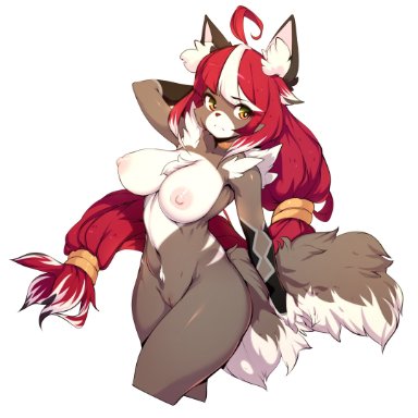 slugbox, kalia (kaggy1), canid, canine, canis, mammal, wolf, ahoge, anthro, areola, armwear, big tail, bottomless, breasts, brown body