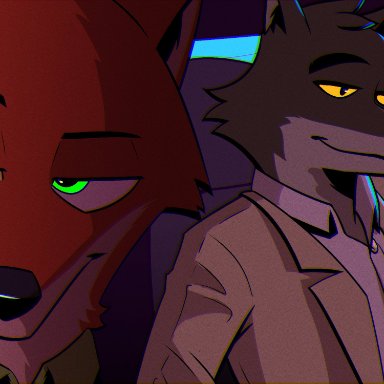 jackknice (artist), mr. wolf (the bad guys), nick wilde, disney, dreamworks, the bad guys, zootopia, canid, canine, canis, fox, mammal, wolf, anthro, black nose