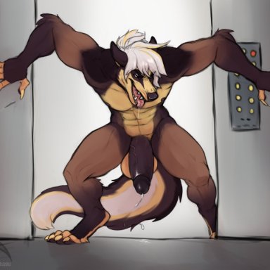 sonsasu, toxic (bluenumber), canid, canine, mammal, abs, anthro, balls, big balls, big penis, bodily fluids, brown body, brown fur, brown penis, claws