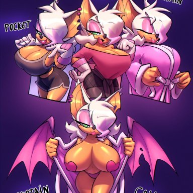bigdad, rouge the bat, curtain call challenge, sega, sonic the hedgehog (series), chiropteran, mammal, anthro, bedroom eyes, big breasts, bottomwear, bra, breasts, cleavage, clothed