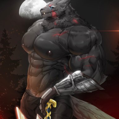 bastroceive, blaidd (elden ring), elden ring, canid, canine, canis, mammal, wolf, abs, anthro, biceps, big muscles, black nose, blue eyes, clothed