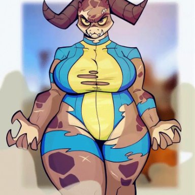 noogatdelight (artist), bethesda softworks, fallout, deathclaw, monster, scalie, angry, anthro, band-aid, bandage, big breasts, bouncing breasts, breasts, clothed, clothing