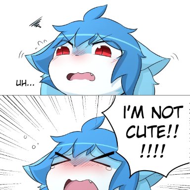 kimacats, angry noises, >o<, angry, anthro, black nose, blue body, blue fur, blue hair, blush, blush lines, bodily fluids, child, cub, cute fangs