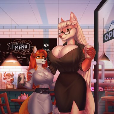 taurusart, aeril (helios), loyse, canid, canine, fox, mammal, anthro, big breasts, breast size difference, breasts, cleavage, clothed, clothing, curvy figure