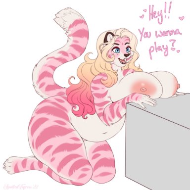 spottedtigress, marzipan (spottedtigress), felid, mammal, pantherine, tiger, 4 toes, 5 fingers, <3, anthro, areola, big breasts, blonde hair, breasts, dialogue