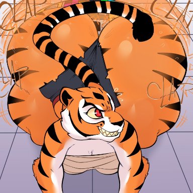 nericurls, master tigress, dreamworks, kung fu panda, felid, mammal, pantherine, tiger, afterimage, all fours, anthro, ass clapping, big butt, breasts, bursting out of clothing