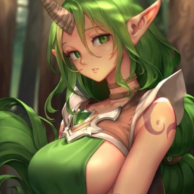 oopartz, soraka, league of legends, riot games, dryad, elf, horned humanoid, humanoid, big breasts, breasts, clothed female, clothing, day, dress, female