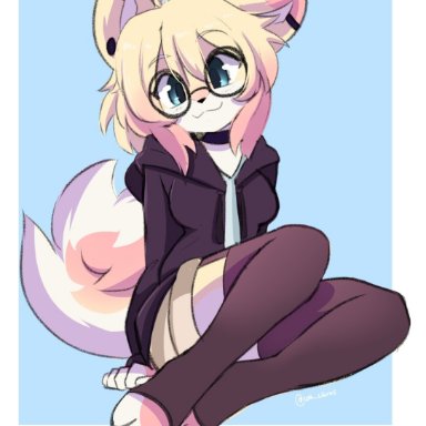 cat citrus, anakoluth (character), canid, canine, canis, domestic dog, mammal, shiba inu, spitz, 4 toes, 5 fingers, anthro, blonde hair, blue eyes, bottomwear