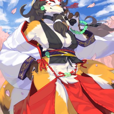 kame 3, masked fox (kame 3), canid, canine, fox, mammal, 4 fingers, anthro, biped, black hair, breasts, brown body, brown fur, cherry blossom, cherry blossom tree
