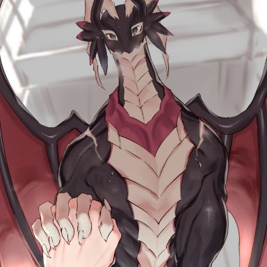 passionpit777, dragonmaid strahl, konami, yu-gi-oh, dragon, duel monster, blush, claws, detailed background, disembodied hand, female, hand holding, horn, humanoid hands, interlocked fingers