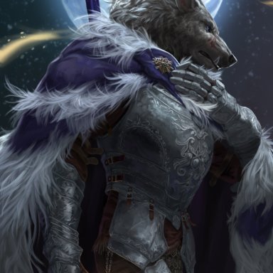 neungsonie, blaidd (elden ring), elden ring, fromsoftware, canid, canine, canis, mammal, wolf, anthro, armor, cape, clothing, full moon, lamp