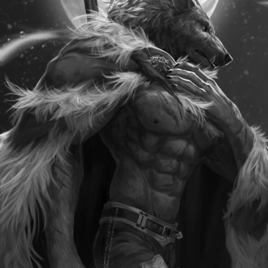 neungsonie, blaidd (elden ring), elden ring, fromsoftware, canid, canine, canis, mammal, wolf, anthro, cape, clothed, clothing, full moon, fur