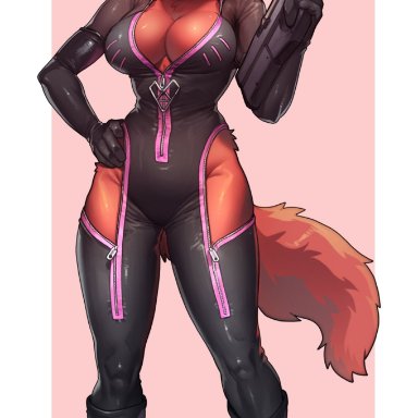 pgm300, mammal, anthro, big breasts, border, breasts, cleavage, clothed, clothing, female, fur, gradient background, gun, hair, heterochromia