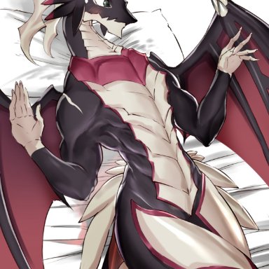 passionpit777, dragonmaid strahl, konami, yu-gi-oh, dragon, duel monster, blush, claws, horn, lying, membrane (anatomy), membranous wings, solo, wing claws, wings