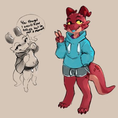 conditional dnp, elliotte-draws, kobold, anthro, barefoot, blep, clothed, clothing, clothing lift, dialogue, feet, female, fully clothed, navel, red body