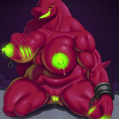 goldcrustedchicken, acrid, risk of rain, alien, reptile, scalie, anthro, bedroom eyes, big breasts, bodily fluids, breast milking, breasts, chain, chained, cuff (restraint)