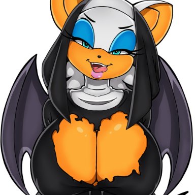 dalley-the-alpha, rouge the bat, sega, sonic the hedgehog (series), chiropteran, mammal, anthro, bedroom eyes, big breasts, black nose, blue eyeshadow, breasts, cleavage, cleavage cutout, clothed