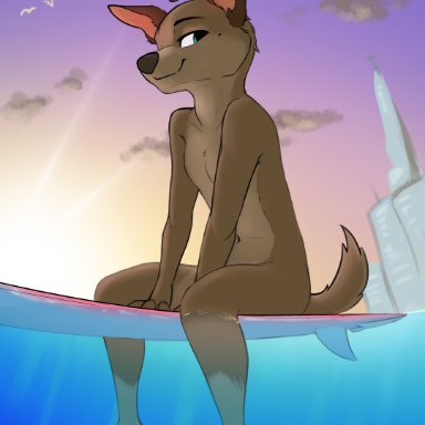 furvie, avery (furvie), canid, canine, canis, domestic dog, mammal, anthro, breasts, featureless breasts, feet, female, looking at viewer, nude, outside