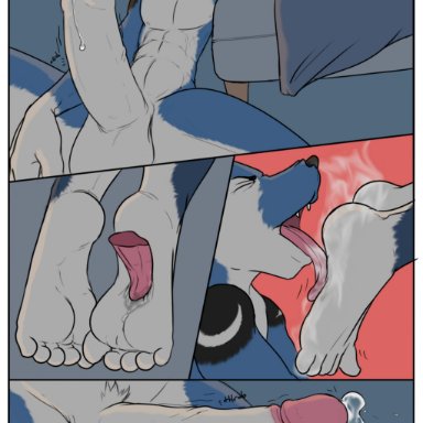 bunnyfeet, canid, canine, canis, mammal, wolf, anthro, balls, big penis, bodily fluids, cum, erection, feet, foot fetish, foot lick